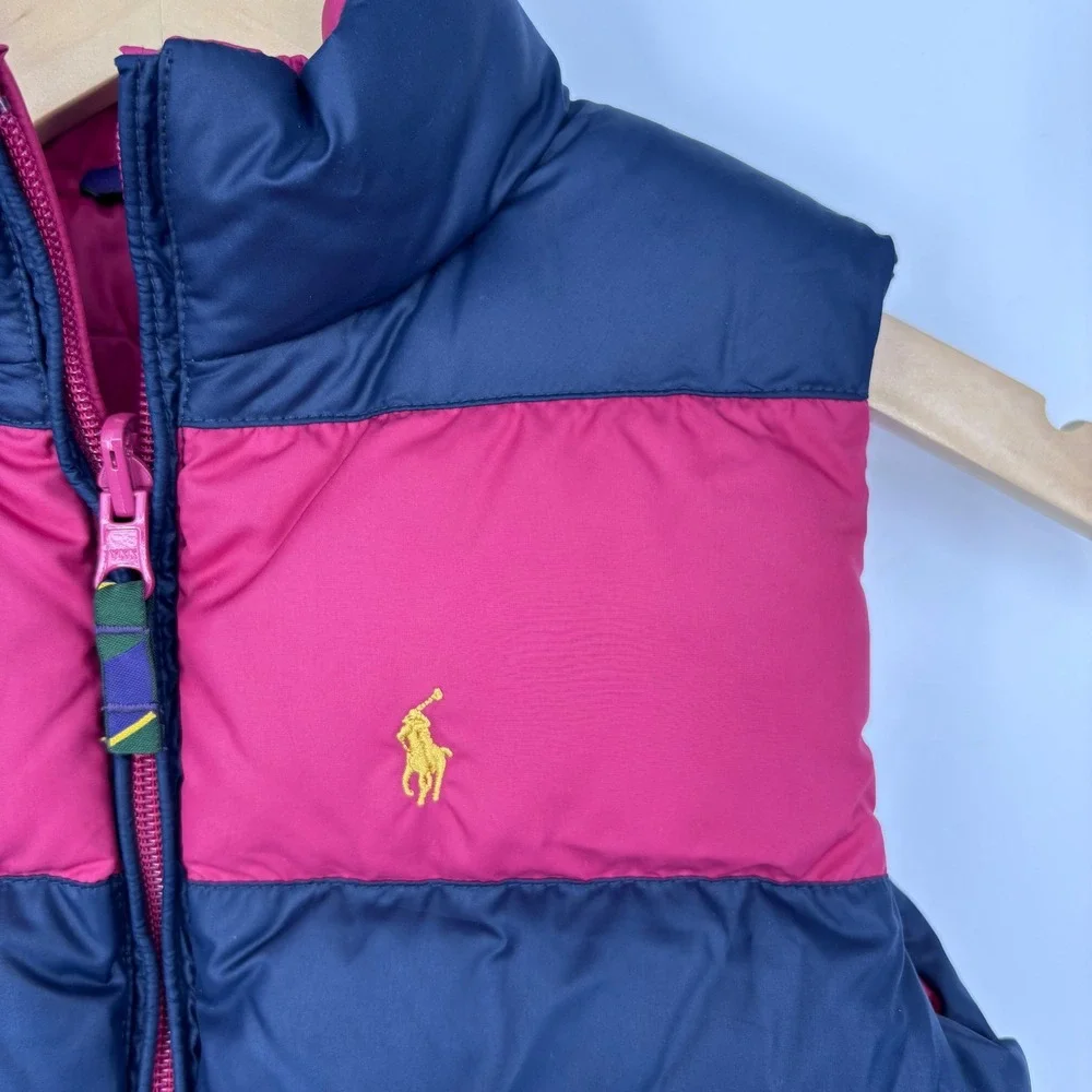 Polo Ralph Lauren Reversible Down Puffer Vest Girls Size 7 Pink Navy Blue Crest